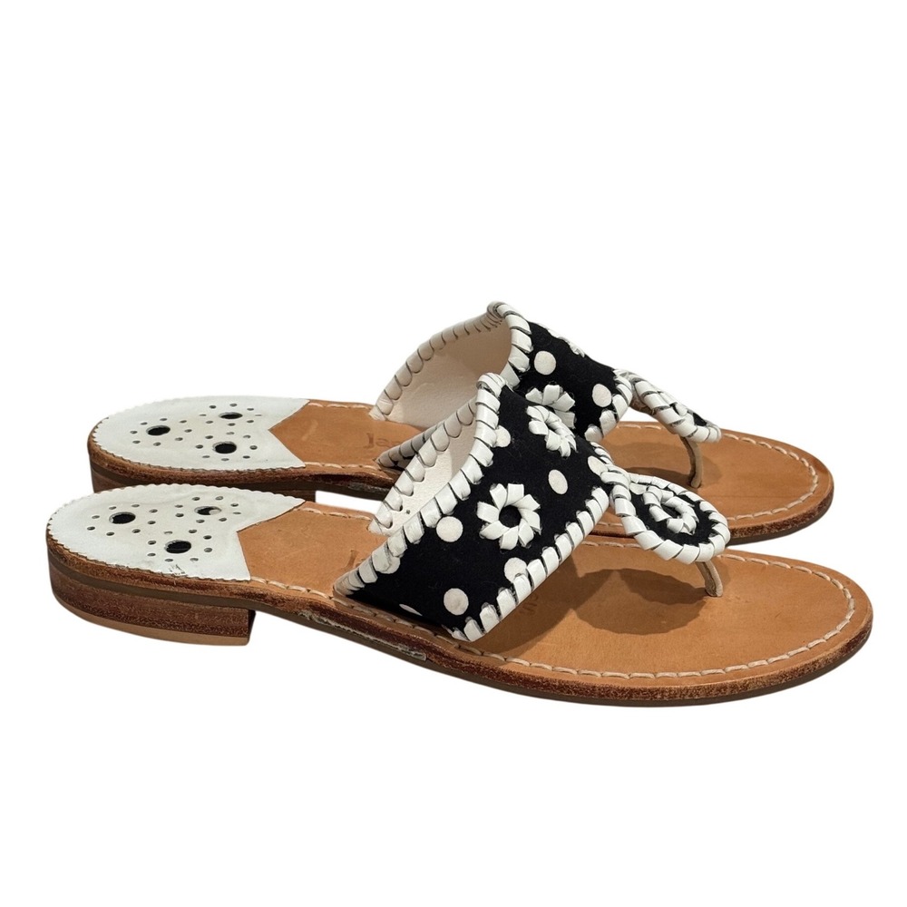 Jack Rogers Navajo Thong Sandals Womens 6 Black White Floral Whipstitch Flat